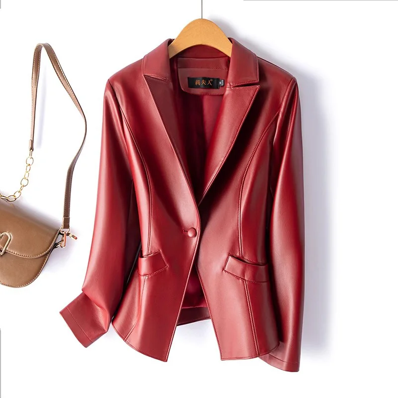 New Women Spring Autumn Split Leather Jacket Fashion Notched Collar Slim Waist Single Button Blazer Casual Leather Coat Female
