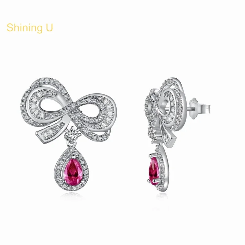 

Shining U S925 Silver Butterfly Waterdrop Ruby Sapphire Gems Drop Earrings for Women Wedding Party