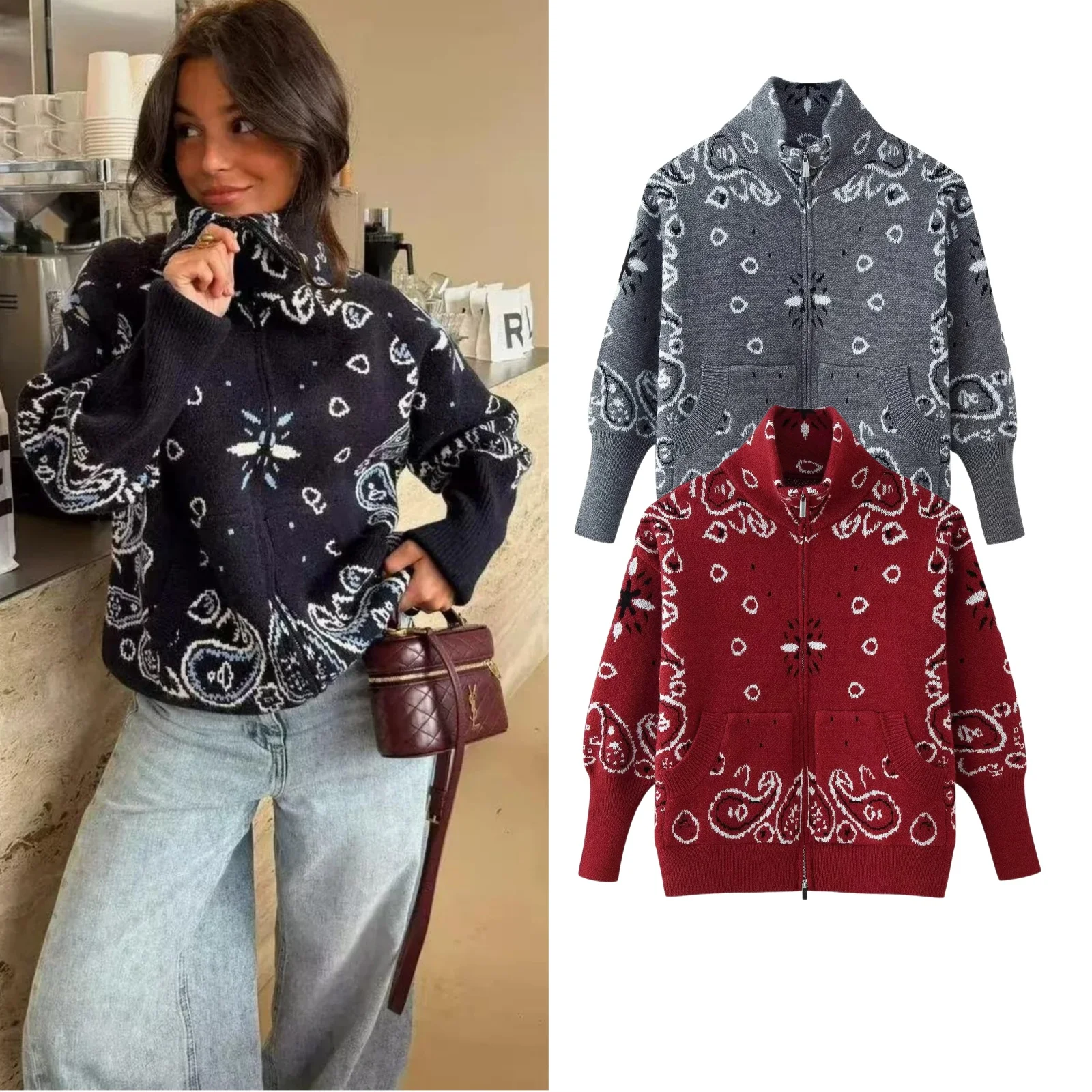 Spring New Arrival Women's Simple Style Loose Knitted Long Sleeve Zipper Decorated Stand Collar Open Cardigan Sweater Coat