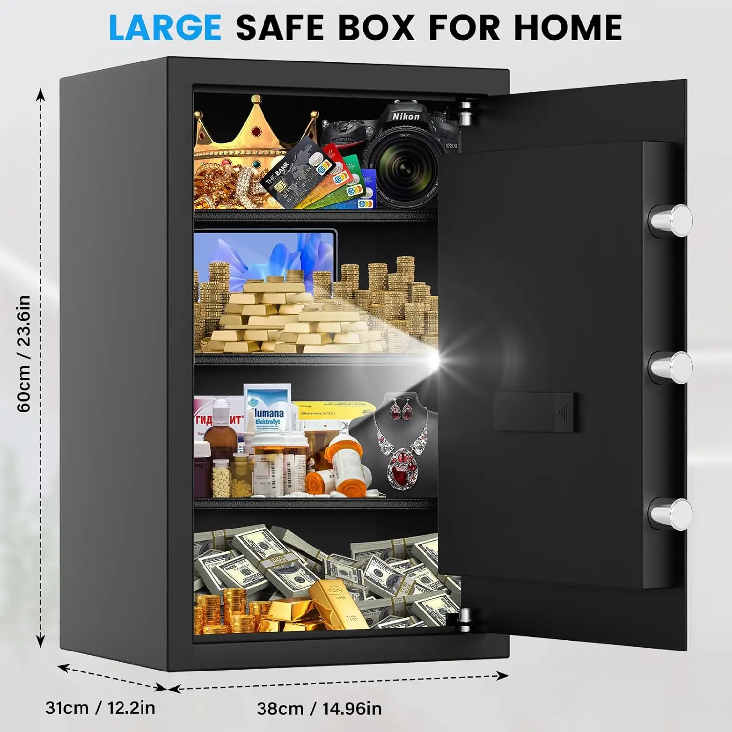 5.5 Cubic Large Home Safe Fireproof Waterproof, Digital Safe Box with Combination Lock, Alarm Systerm and Removable Shelf, Anti-