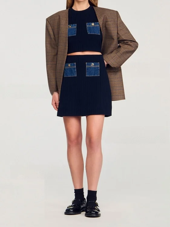 Slim-Fit-Denim-Patchwork-Ripprock, hohe Taille, A-Linie, Silhouette, gestrickter Stoff, Pendlerrock, f-lange Röcke