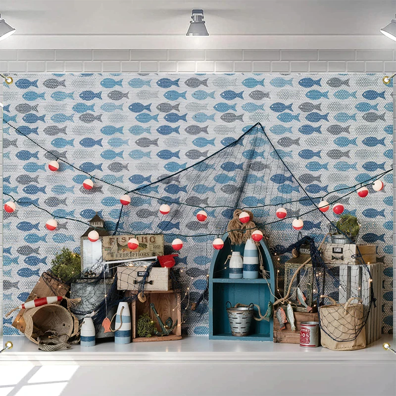 

LS Summer Boats Fishing House Backdrops Kids Baby Birthday Cake Smash Photocall Child Adult Photo Ship Captain Ocean Backgrounds