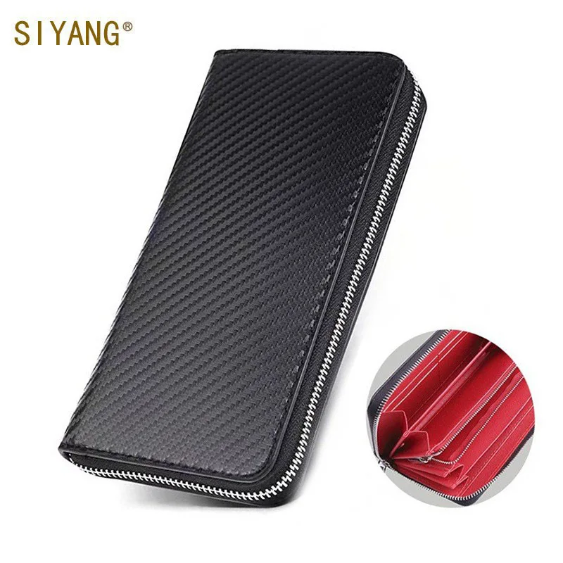 Men Carbon Fiber Texture Long Zipper Wallet Faux Leather Multi Card Holder Large Capacity Red Interior Cash Purse Clutch Handbag