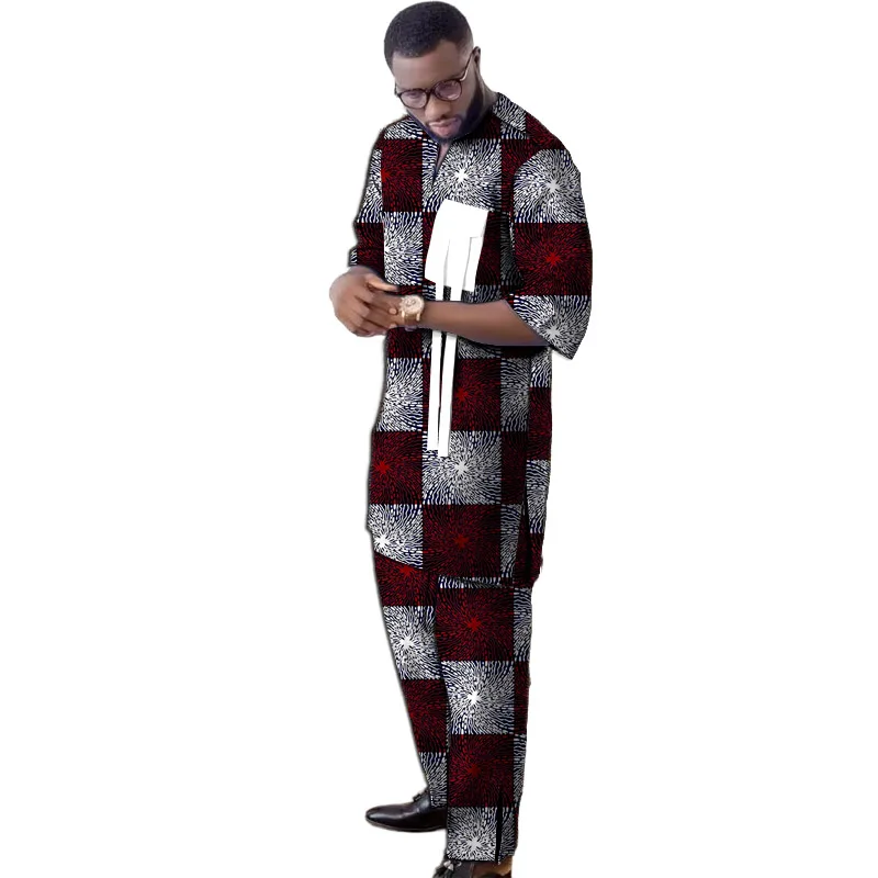 African Style Print V-neck Men’s Set Innovative Design Shirt Patch Elastic Waist Pants Tailored Traditional Party Wear