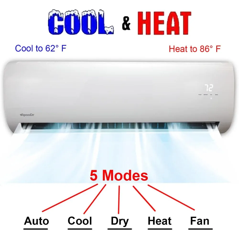 9000 BTU Mini Split Air Conditioner Tubeless Variable Frequency System 17 SEER2 with Heat Pump 110V, Comes with Installation Kit