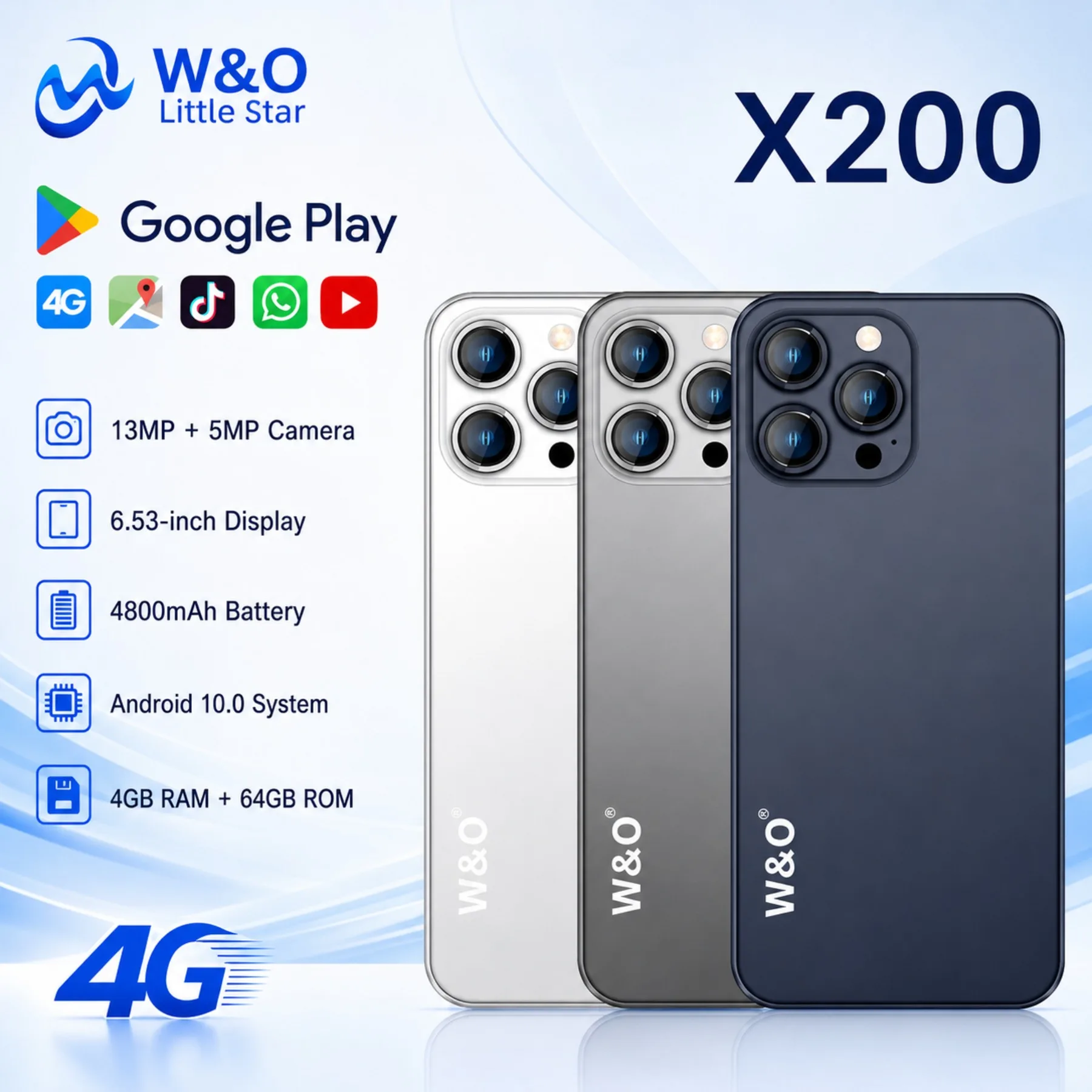 Global Version W&O X200 4G 6.53Inch Business Smartphones Android 10.0 4GB 64GB Mobile Phone Dual SIM 4800mAh 13MP Camera 128GBTF