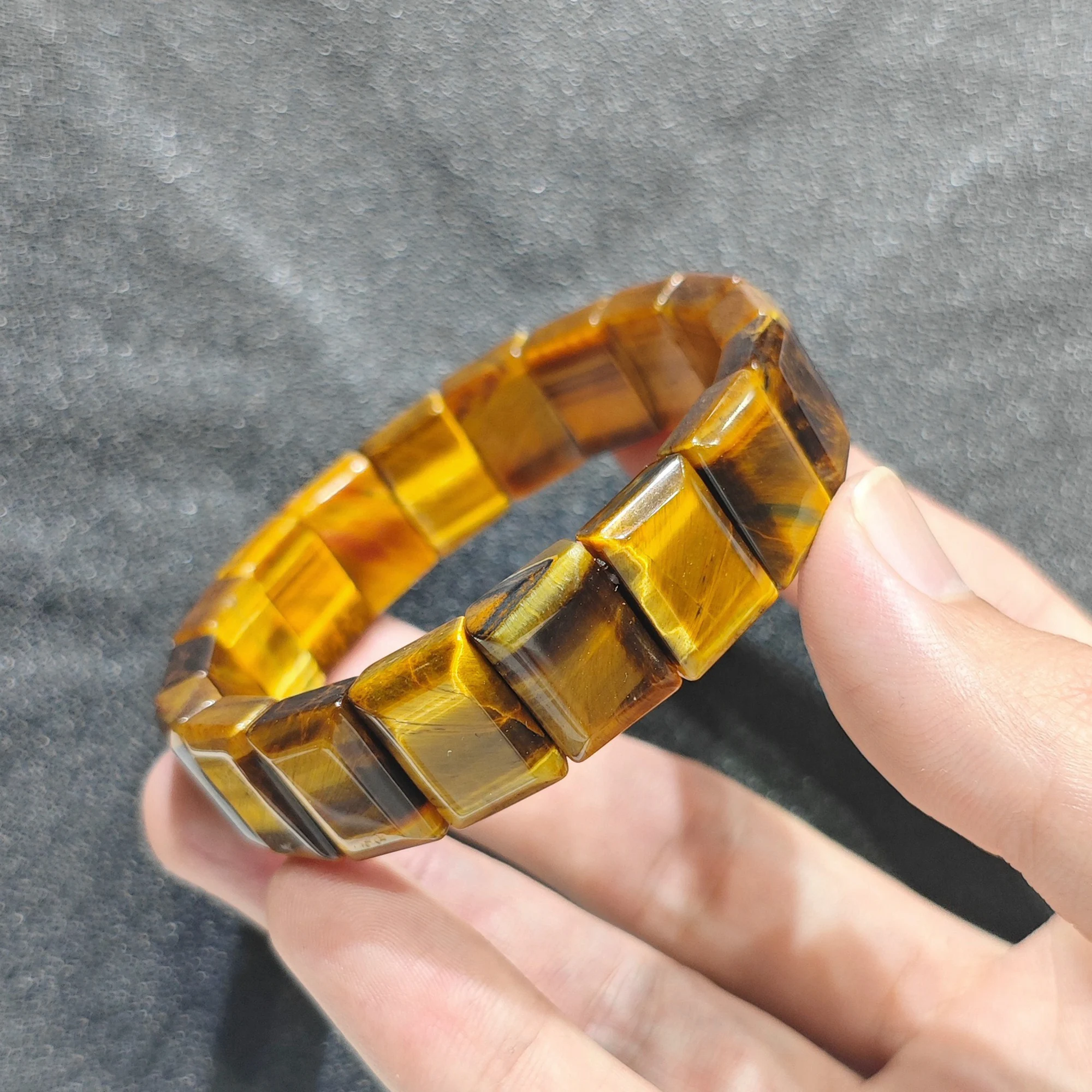 Golden Brown Gemstone Bangle Rectangular Block Shape Stretch Bracelet Aesthetic Silk Luster Jewelry Birthday Gift for Friend