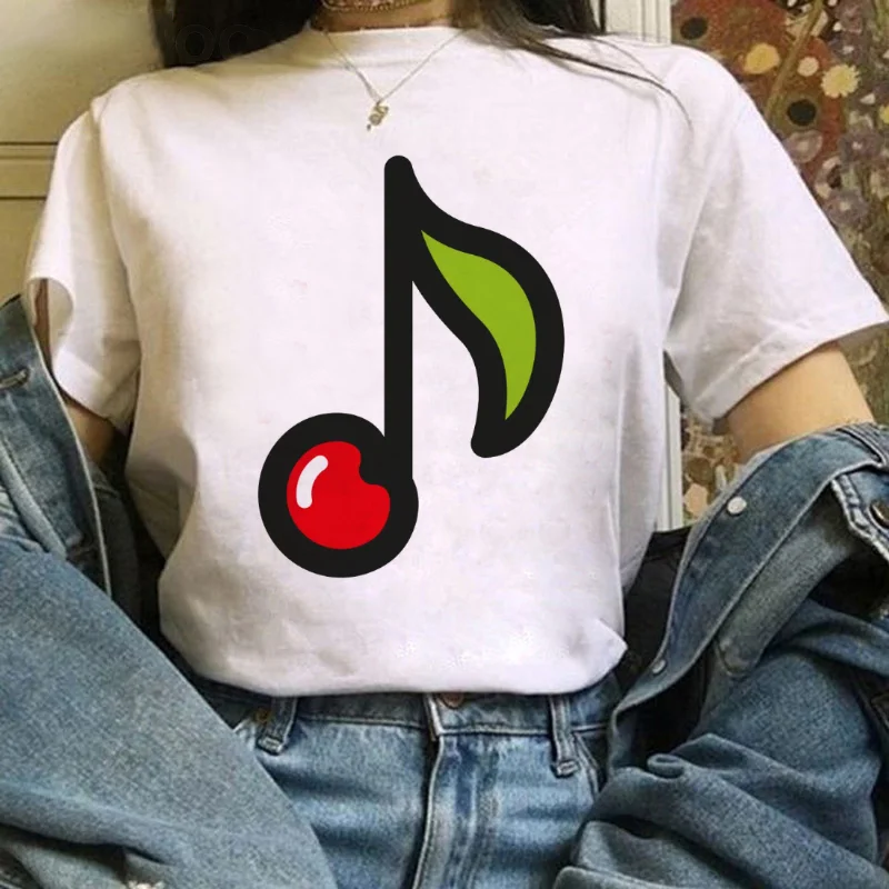 Cherry Music Note Pattern Women's T-Shirt Summer Versatile Popular O-Neck Printed Casual Wear Women's Basic Simple T-Shirt