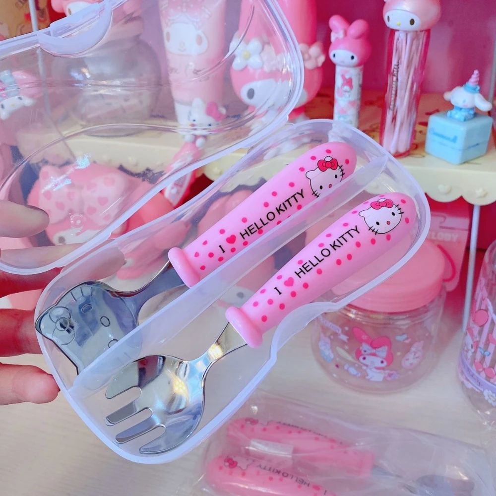 

2Pcs/Set Sanrio Hello Kitty Fork And Spoon Set With Storage Box Cartoon Kt Cat Pink Kawaii Handle Camping Tableware Girls Gifts