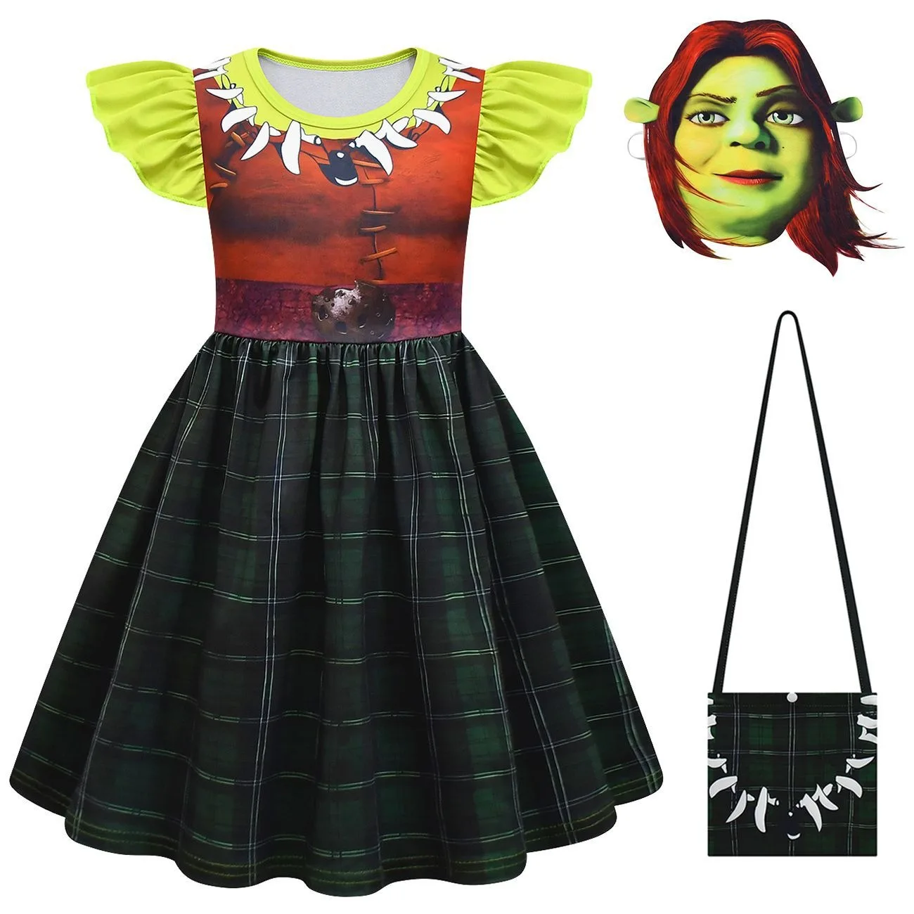 Fiona Shrek Girl Dress Halloween Children\'s Cartoon Fiona Shreks Clothes Cosplay Costume Kids Flying Sleeve Dress+bag+mask