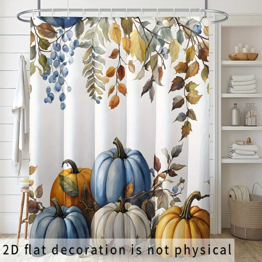 Autumn Fall Pumpkin Leaf Shower Curtain Waterproof Boho Bathroom Decor Harvest Blue Berries Cottage Kitchen Shower Curtain