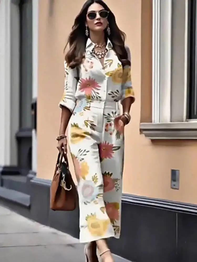 Casual Flower Print Straight Women Outfits Spring Turn Down Collar Button Shirt Pants Set Autumn Long Sleeve Office Suits