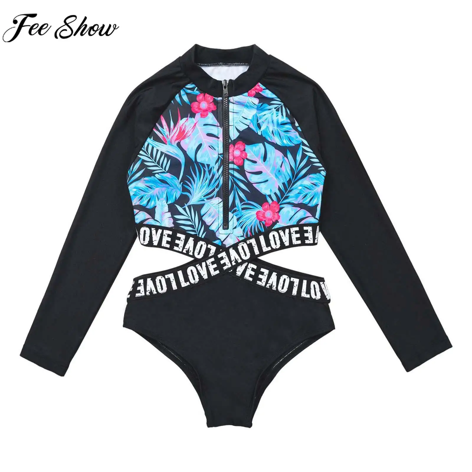 6-16Yrs Girls Long Sleeve Rash Guard Surfing Swimsuit Wetsuit Kids Zipper Hollow Out Print Bodysuit Beachwear Bathing Swimwear