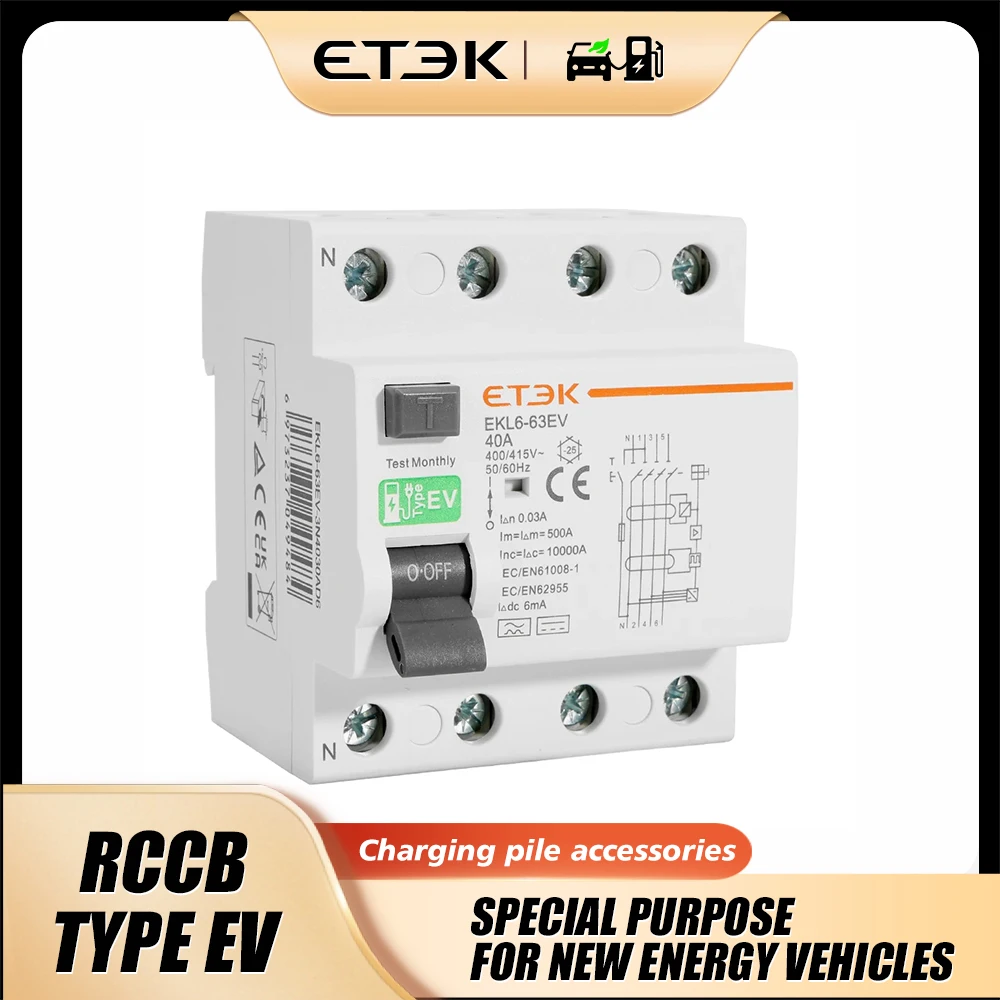 ETEK RCCB Type EV 2P 4P Earth Leakage Circuit Breakers for Car Evse Chargeing Station RCD 40A 63A 30ma EKL6-63EV 10KA Din Rail