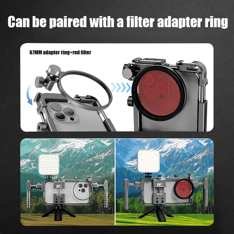 Universal Aluminum Phone Cage 360° Rotatable Handle+Adapter+Filter+Remote Cold Shoe Mounts 5 Combos for iPhone/Samsung (58-90mm)