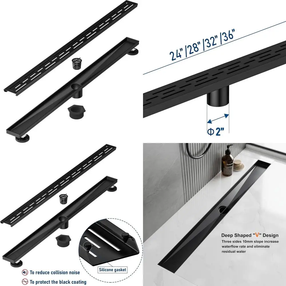 

36 Matte Black Rectangular Shower Drain with Brick-Pattern Grate in Brushed 304 Stainless Steel