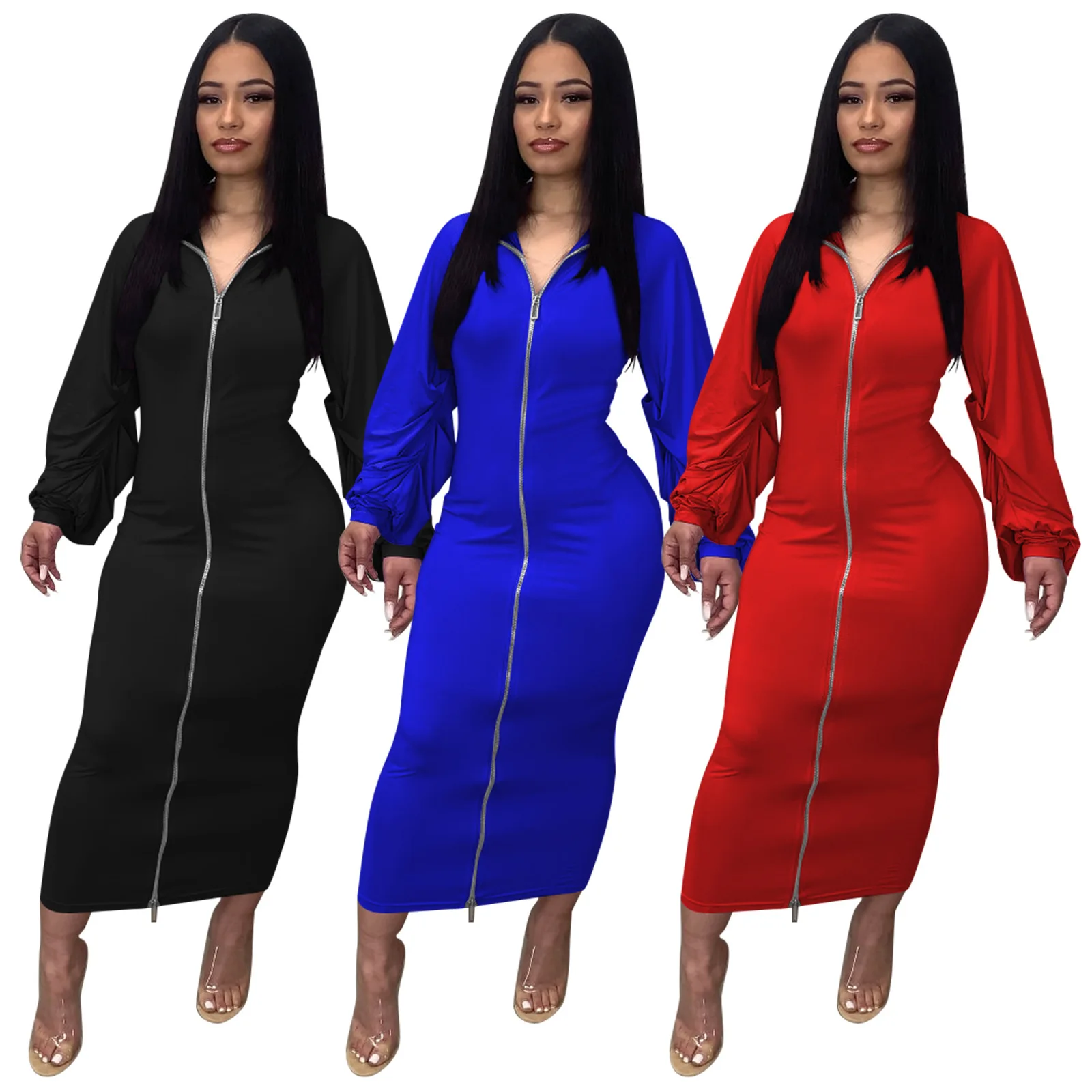

Bodycon Sheath Dress Black Long Sleeve Party Dresses Women Front Full Zipper Dress Sexy Femme Pencil Tight Dress