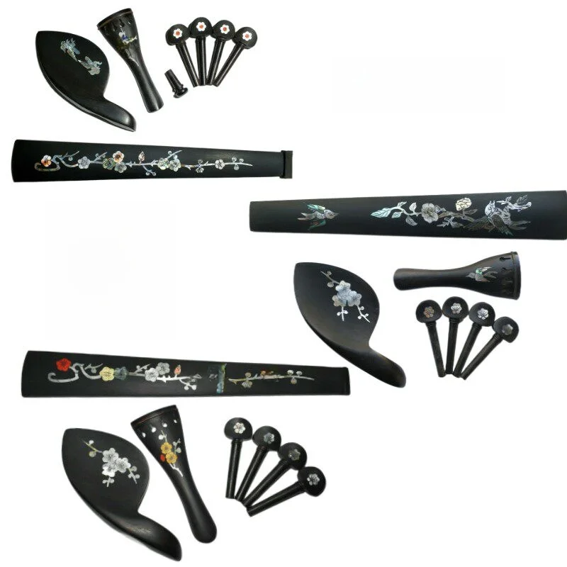 4/4 violin accessories, including carved neck rest, tuning pegs, string buttons, and fingerboard, all hand-carved from ebony