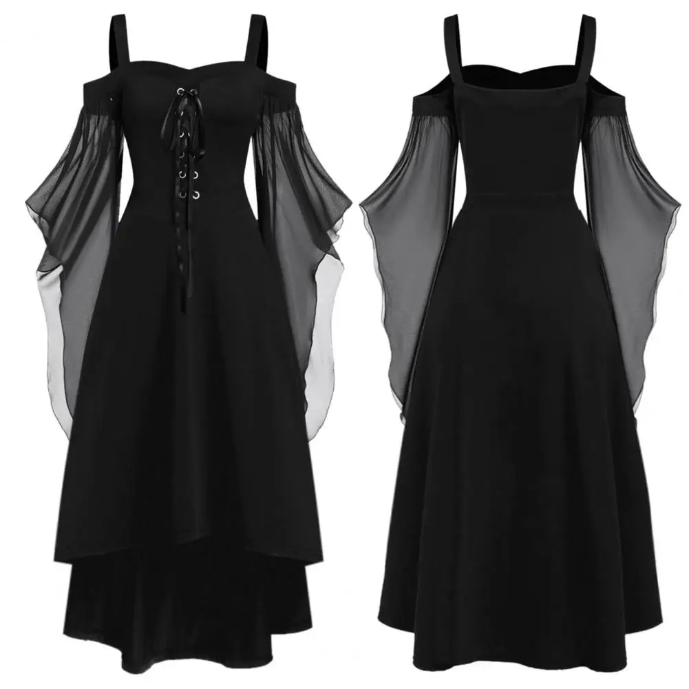 Renaissance Dress Gothic Witch Halloween Party Costume with Lace-up Strap Collar Long Horn Sleeves Women's A-line for Cosplay