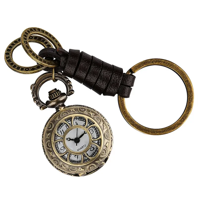 

Bronze Mini Size Watch Hollow Out Flower Case Men Women Quartz Analog Pocket Watches with Key Ring Rope Arabic Number Clock