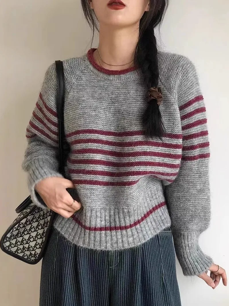 Loose Fit round Neck Knit Sweater Women's Vintage Style Color Block Stripe Pattern Base Layer Casual Long Sleeve Top