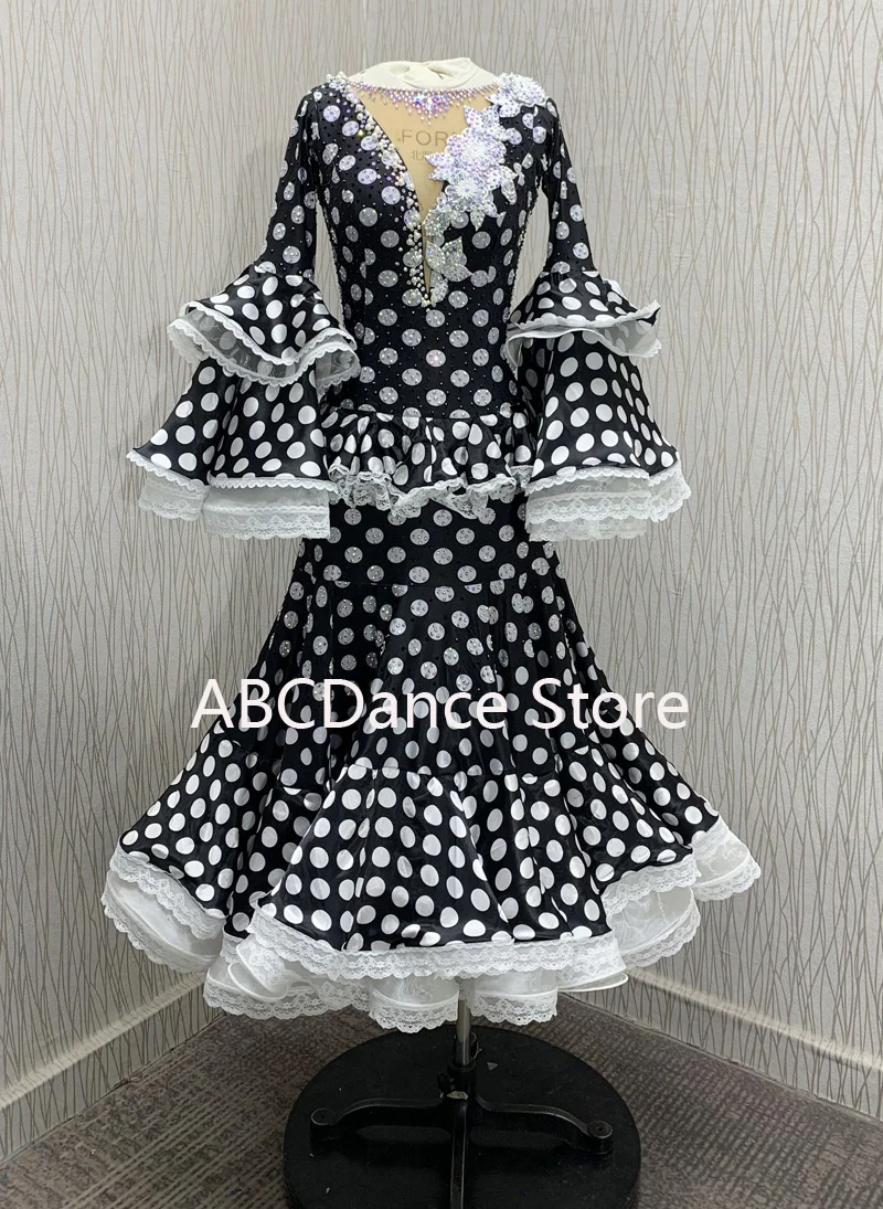 Waltz Tango Ballroom Dance Dress  Smooth Ballroom Dress Competition Costume Dots Printed Flared Sleeves