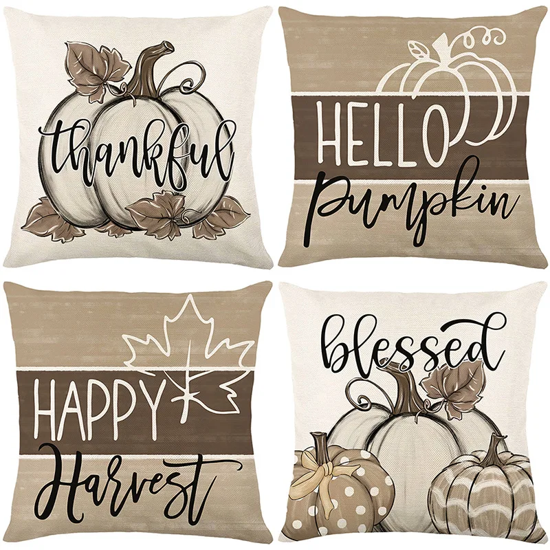 

1pc Grey Pumpkin Cushion Cover Thanksgiving Day Party Decorative Pillowcase Soft Cozy Couch Covers Printed with Words