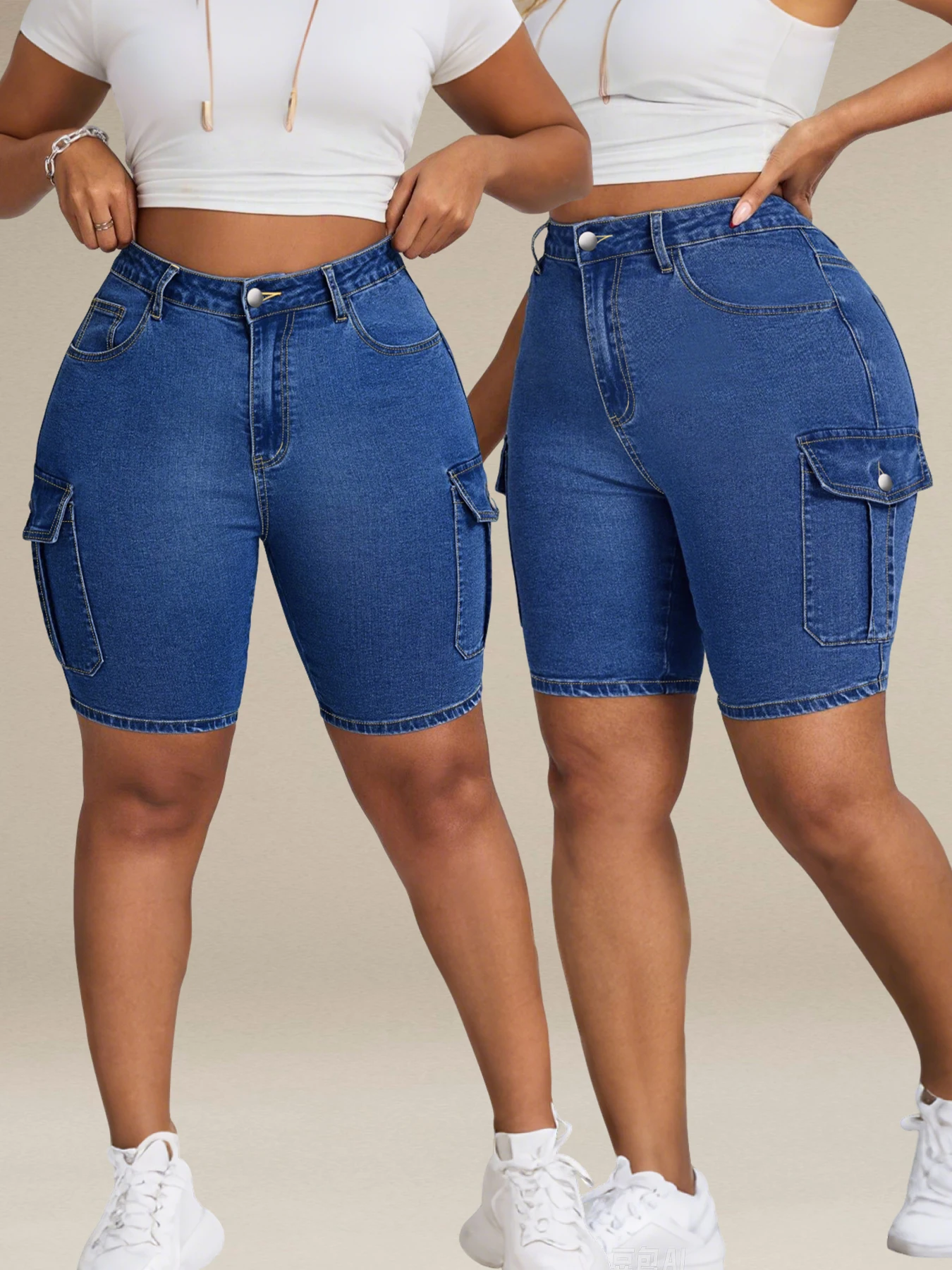 レディース ハイウエスト デニム ジーンズ ディープブルー ワークウェア マルチポケットデザイン キャンパスワークやストリートスタイルに最適