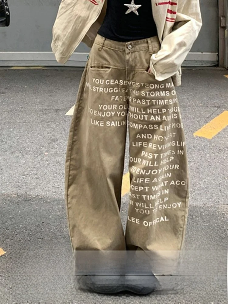 

plus Size American Design Letter Print Khaki Denim Pants Women Summer New Loose Floor-Length Jeans Low Waist Pocket Detail
