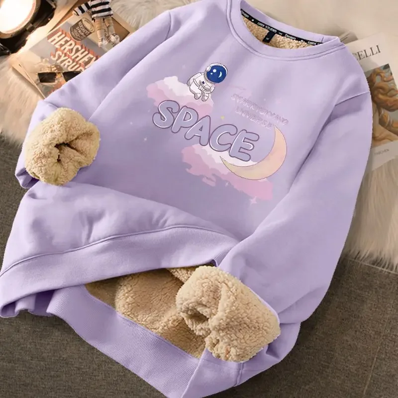 Plus Velvet Winter Sweatshirts Women Kawaii Cartoon Harajuku Simple Teens Warm Fashion Basic O-neck Classic Leisure All-match