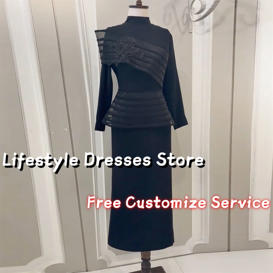 

High Neck Black Noble Beads Appliques Evening Dresses For Special Occasion 2024 Muslim Women Prom Dress Wedding Party Gown