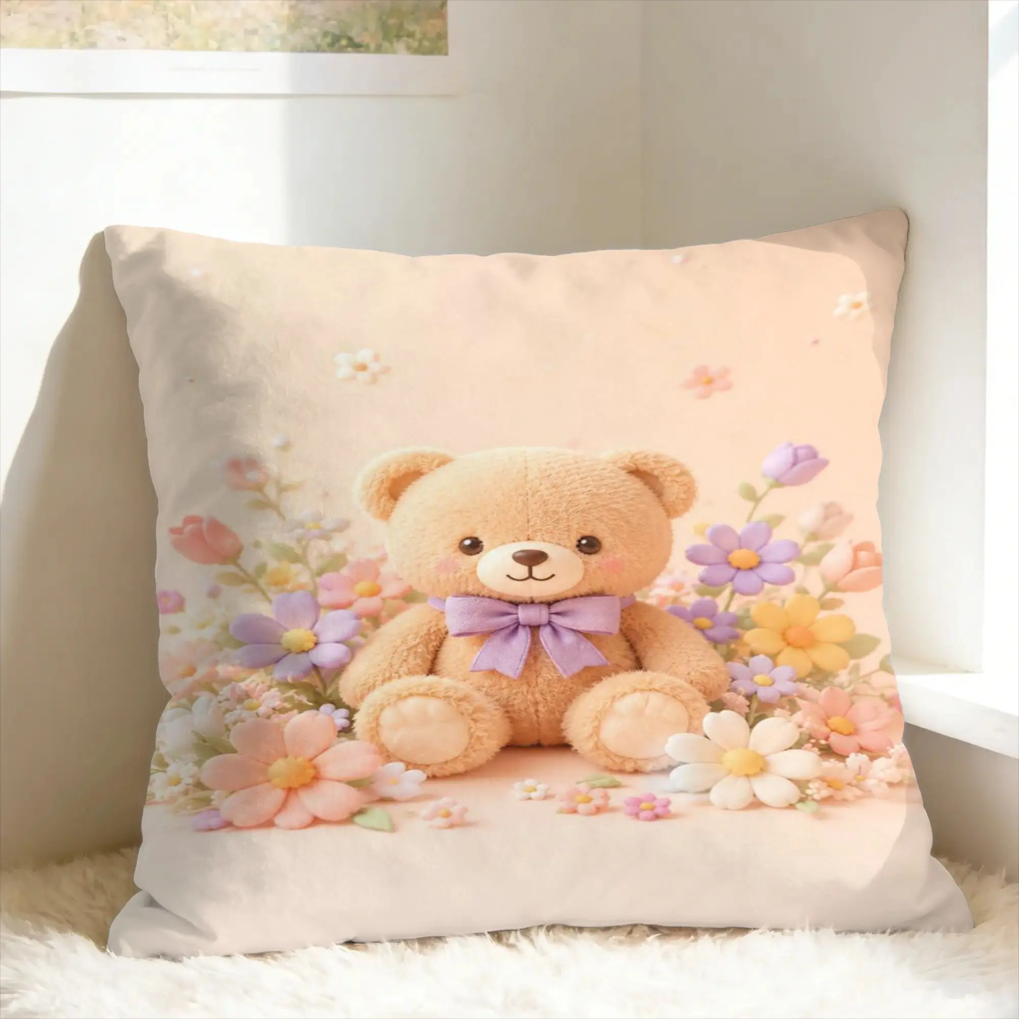 Colorful Teddy Bear Floral Pillow Cover  Novelty Pillow Case For Living Room Sofa Comfy Cushion Cover Birthday Gift