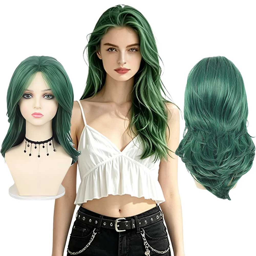 

Forest Green Layered Curly Cosplay Wig Universal Character Styling Heat Resistant Synthetic Full Wig For Halloween Daily Party
