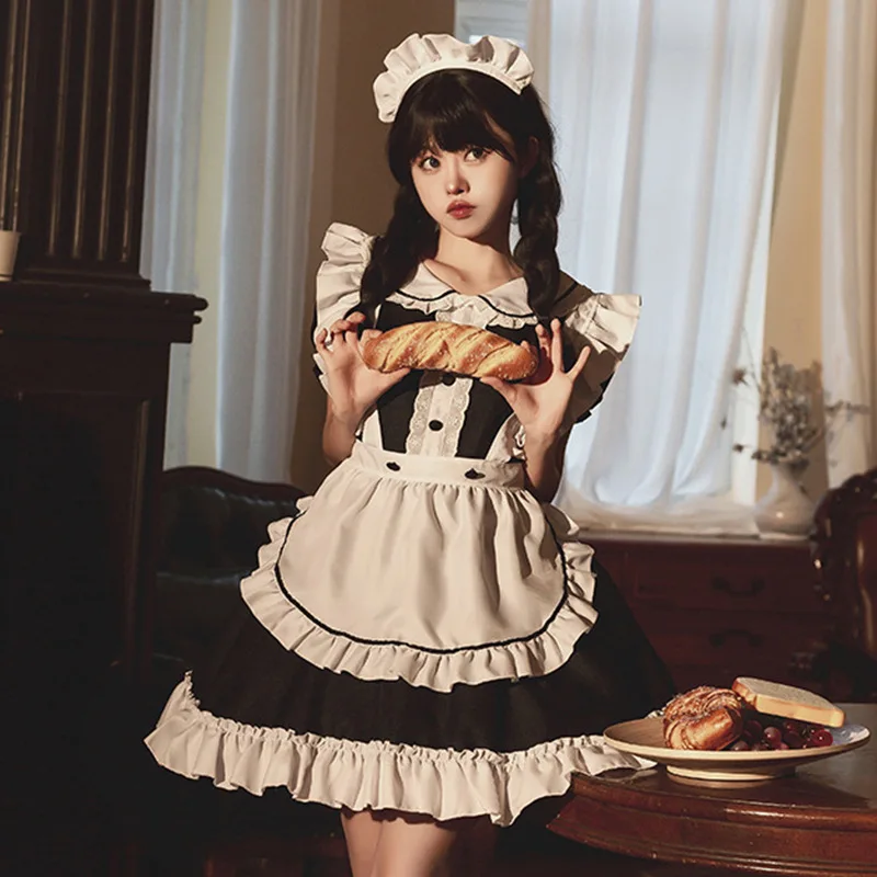 

Japanese Soft Tones Sweet Cute Lolita Collar Lace Short Sleeve Black Dress Uniform Anime Maid Halloween Role Play Costume Suit