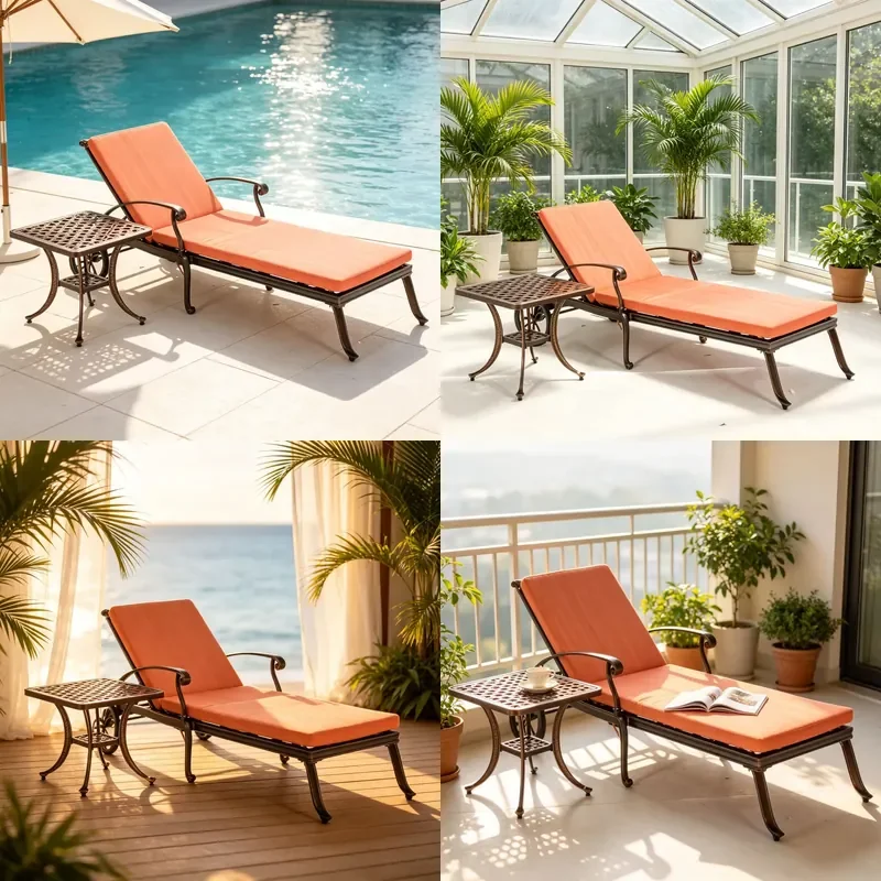 Cast Aluminum Outdoor Recliner Set Adjustable Backrest Orange Waterproof Cushion Patio Garden Furniture