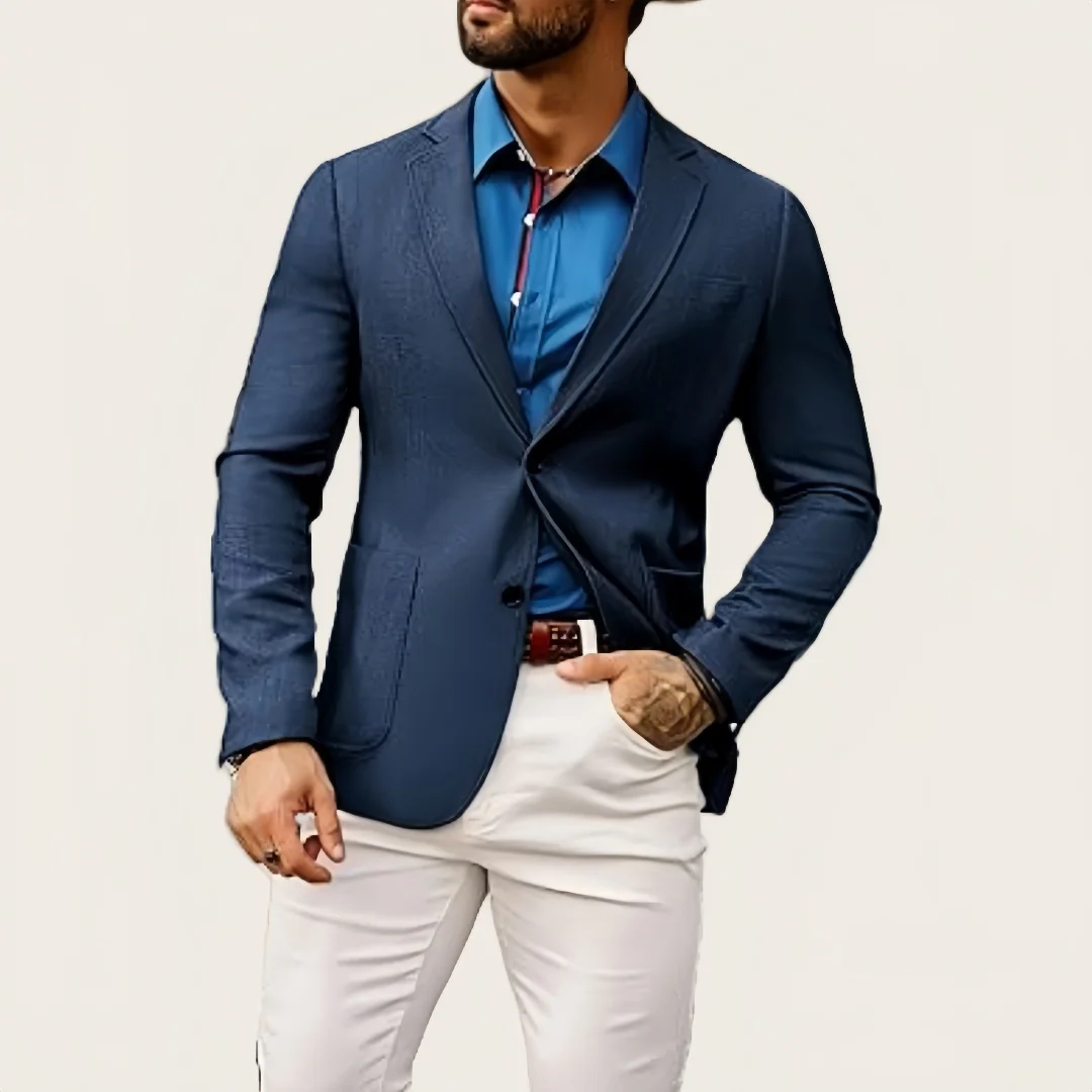 

Мужской темно-синий пиджак, пиджак, белые брюки, комплект, повседневный мужской пиджак с двумя пуговицами, костюм homme mariage, облегающий мужской костюм