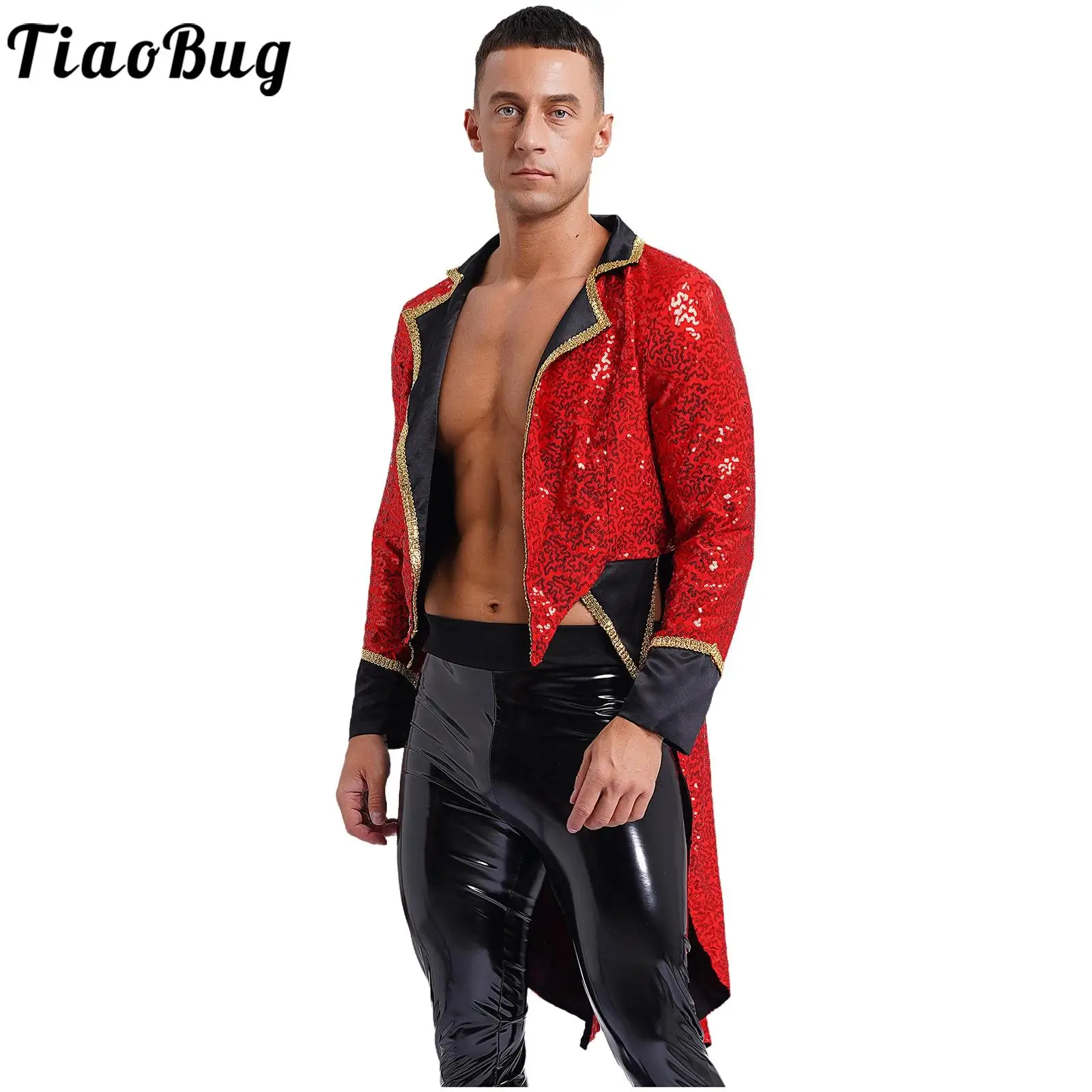 

Men Circus Tuxedo Tailcoat Halloween Costume Magician Top Sequin Notch Lapel Long Sleeve Open Front Outerwear Ringmaster Jacket