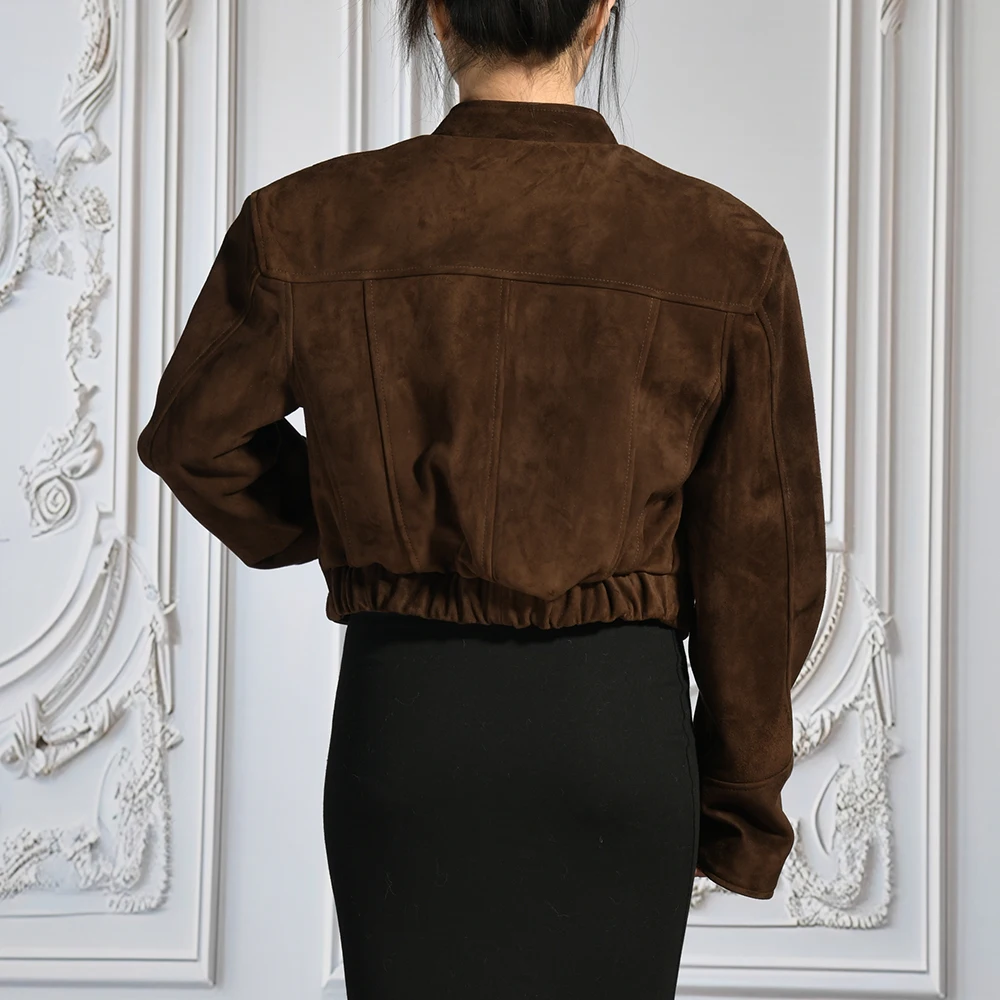 Luxyonuo Giacca invernale da donna in vera pelle scamosciata Autunno Bomber in vera pelle scamosciata di capra Cappotto in pelle oversize Nuovo arrivo