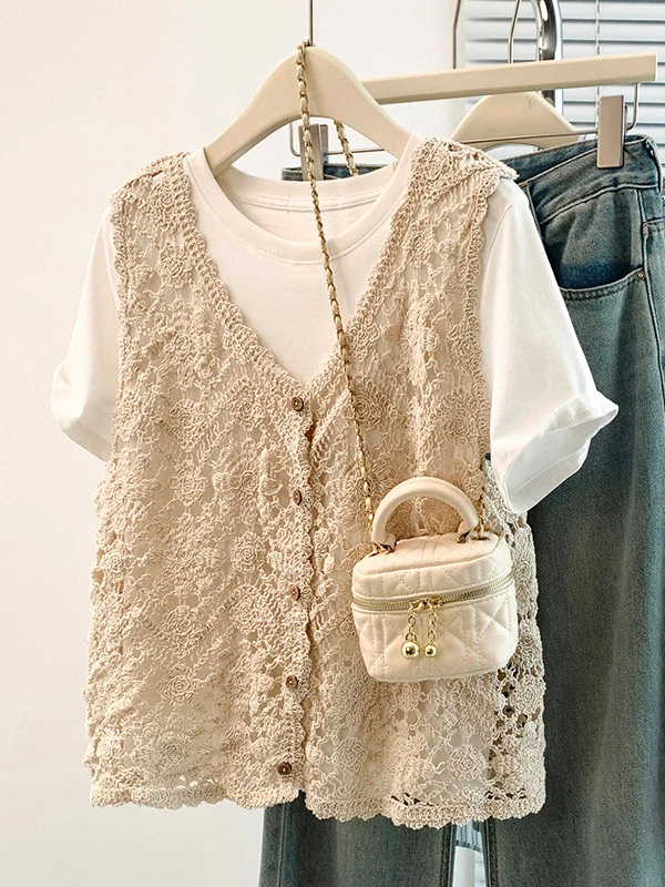 Bohemian Style Hooked Flower Hollow Knitted Vest Outerwear Women's plus Size Fall New Arrival Layering Tank Top