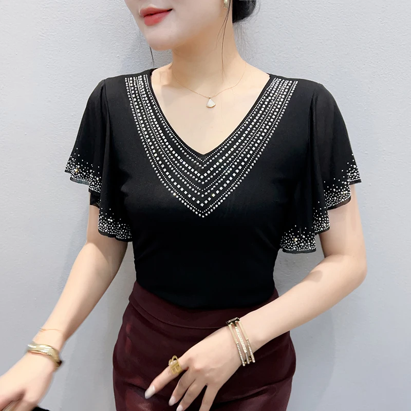 2026 Summer New Arrival Designer Ruffled V-Neck Mesh Rhinestone Short Sleeve Top for Women, Chic Elegant Unique T-shirt
