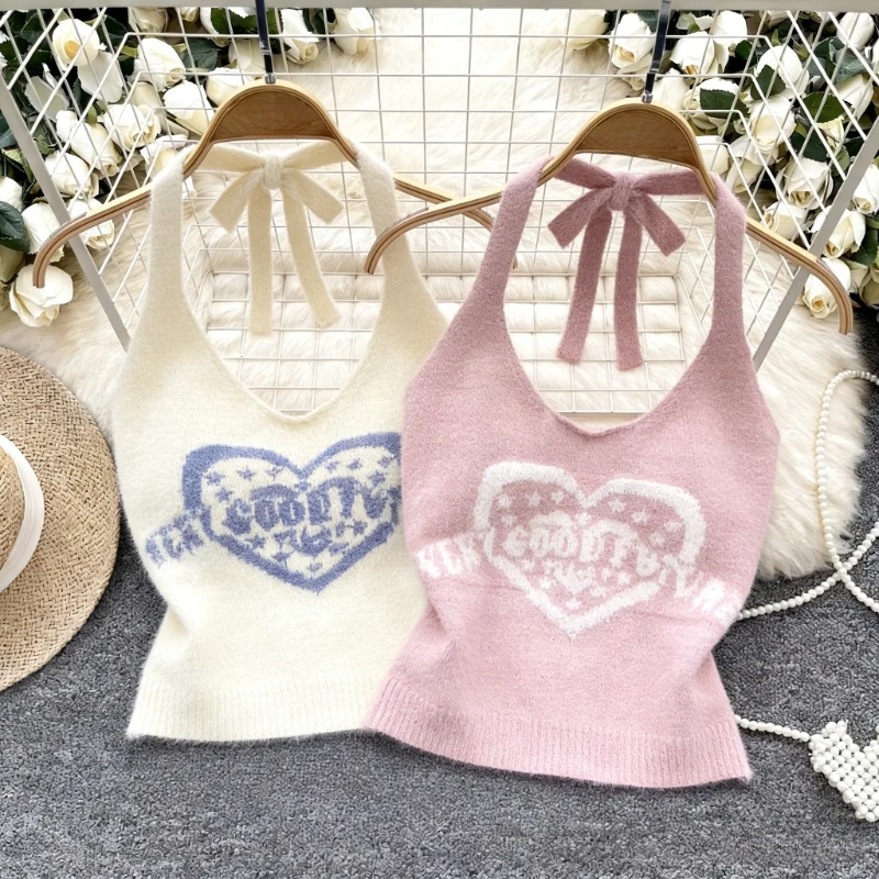 

White Heart Letter Print Halter Crop Tank Women's Clothing Plush Tie Back Stretchy Knit Casual Sweet Y2K Summer Cami Top Vest