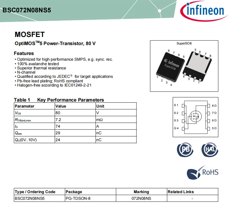 BSC072N08NS5ATMA1  Halogen-free according to IEC61249-2-21  Qualified according to JEDEC1)  for target applications