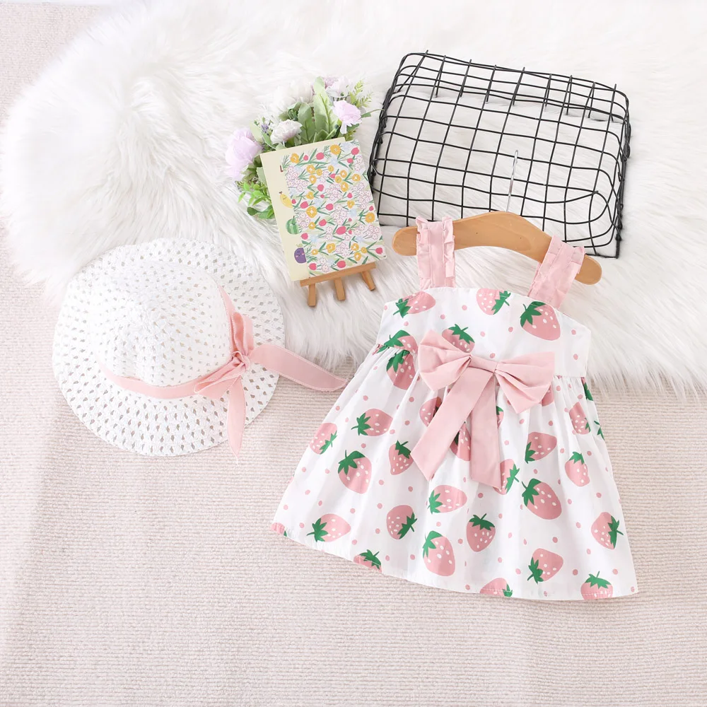 Summer 2/Piece Girls\' Dress Hat Baby Girl Pleated Sleeveless Strawberry Print Big Bow Decoration Beach Dress