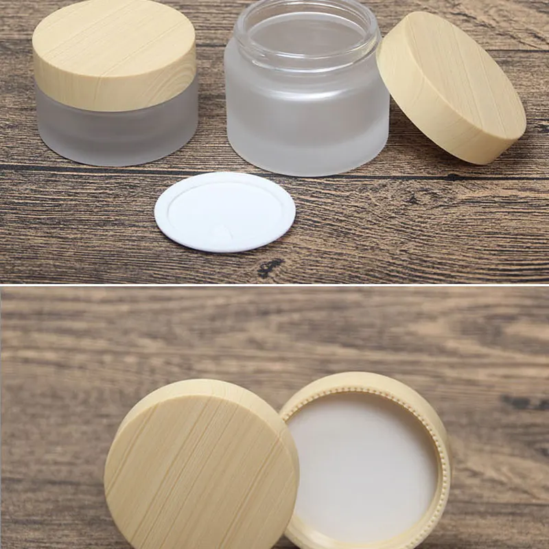 Transparent Frosting Glass Cosmetics Container With Wooden Top Cap , Cream Jars  Lotion Cream Bottles ,Perfume Sprayer Container