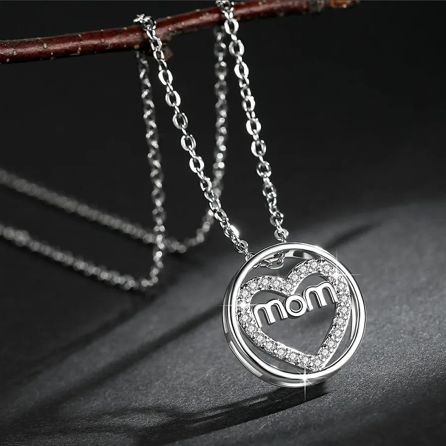 MOM Round Shape Hanging Pendant Necklace Setting Cubic Zirconia Link Chain Necklaces for Mother's Day Gifts