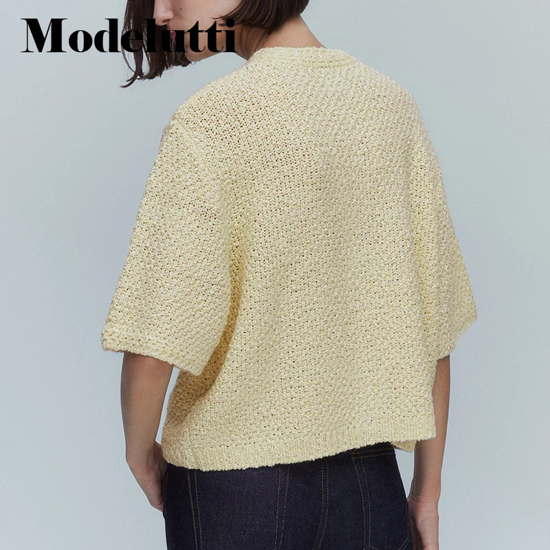 Autumn 2023 New Fashionable Women Short Sleeve Knitted Sweater Coat Pockets Solid Wild Simple Casual Tops Female Chic