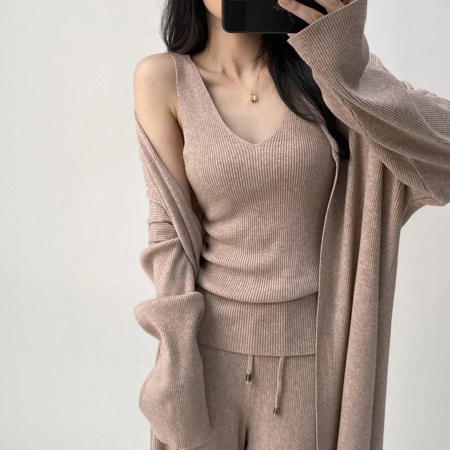 2024 Winter Warm Thicken Knitted 3 Pieces Sets for Women Clothing Korean Casual V Neck Vest+knitted Cardigans+wide Leg Pant Sets