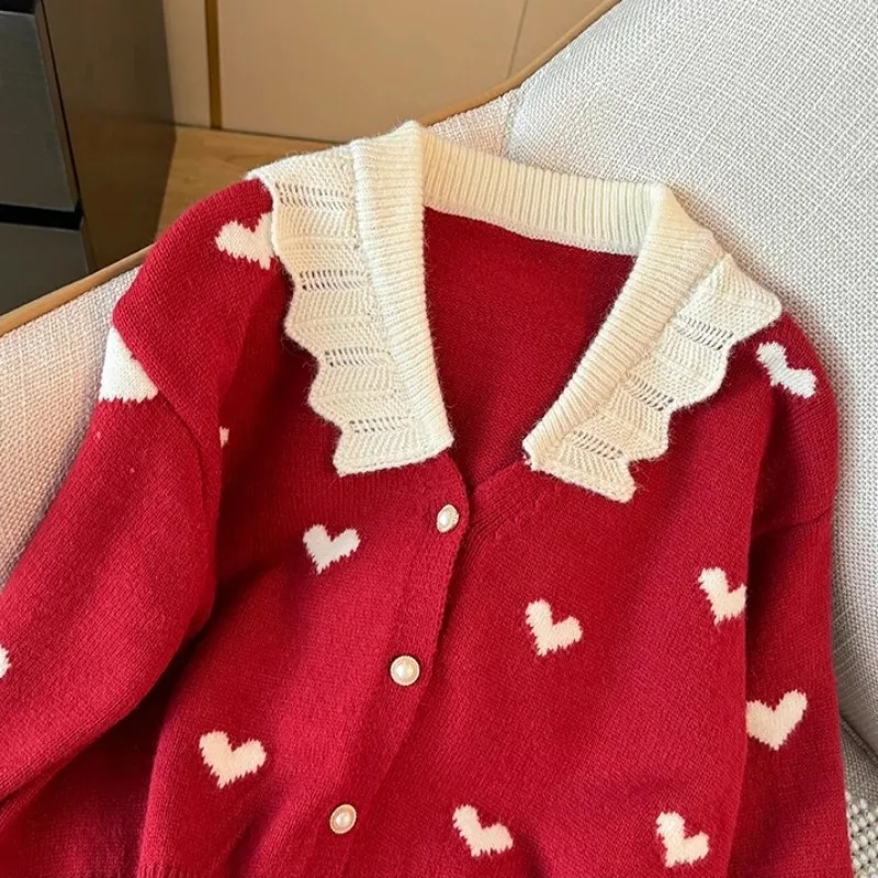 Neploe New Year Red V-neck Heart Sweater Mujer Spring New Lapel Neck Knitted Cardigan Y2k Long Sleeve Loose Tops Women