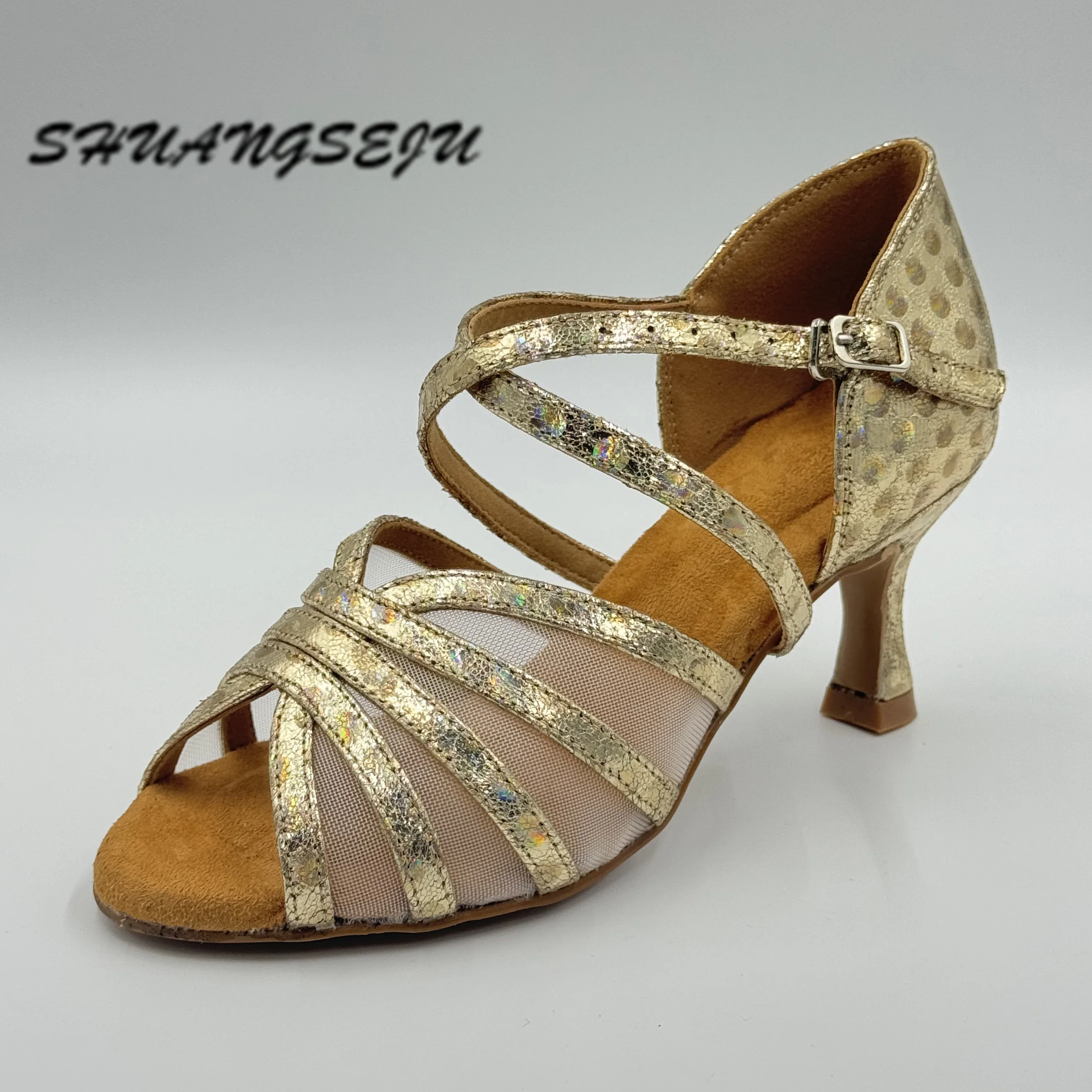 SHUANGSEJU New Golden Shiny Latin Dance Shoes Soft Sole Bachata Social Dance Shoes Mid Heel Salsa Cha-cha Dancing Shoes 6.5cm
