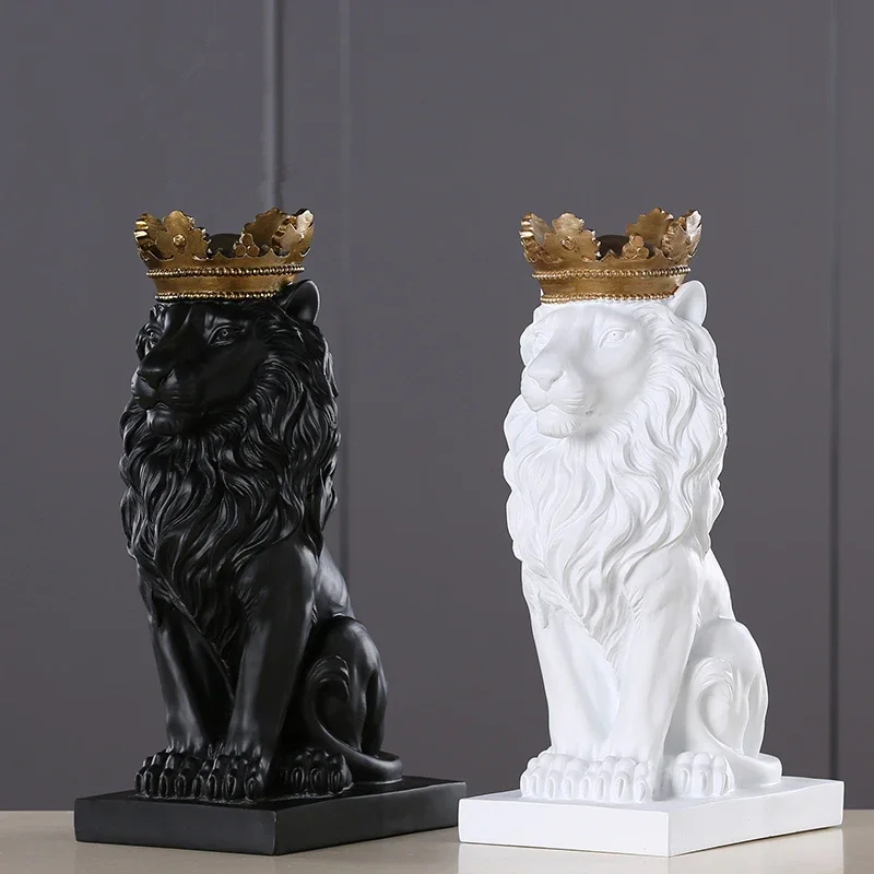 Modern Resin Animal Statue, Golden Crown, Black Lion Figurine, Home Decoration Accessories, Living Room Desk Decor